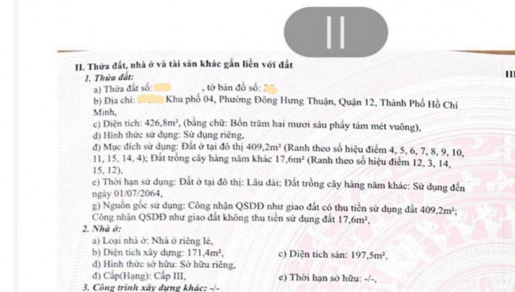 Bán Biệt thự Đông Hưng Thuận 2 Phường Đông Hưng Thuận Q. 12, 1038m2, giá chỉ 8x tỷ